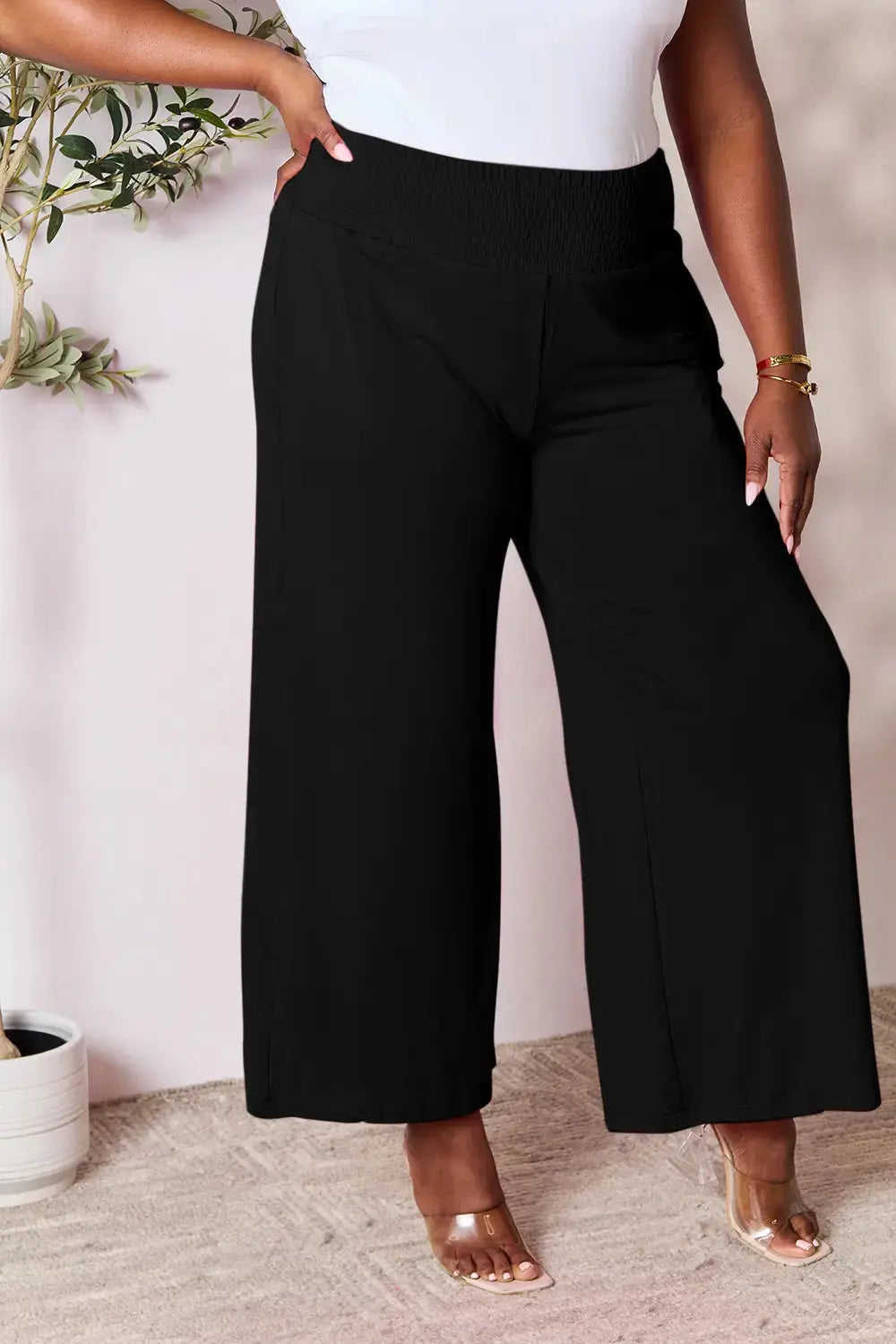 Basic Bae Full Size Smocked Wide Waistband Wide Leg Pants - Love Salve